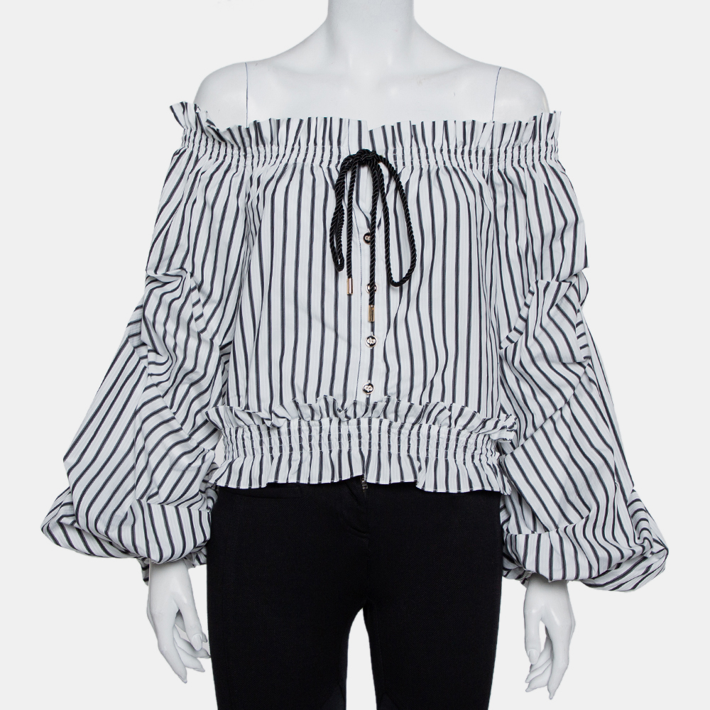 Pre-owned Caroline Constas White Striped Cotton Off Shoulder Ruffled Crop Top Xs