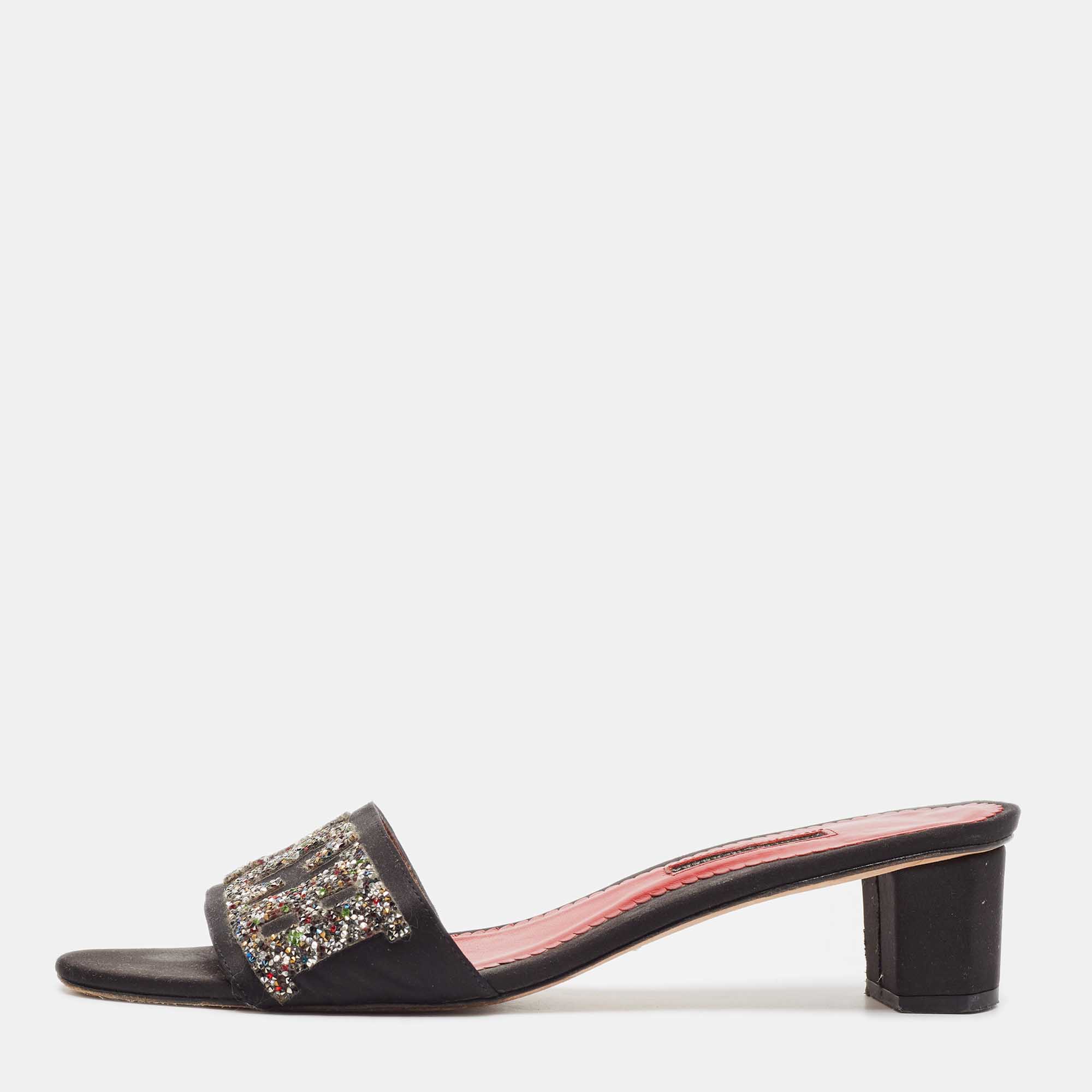 

CH Carolina Herrera Black Satin and Glitter Slide Sandals Size