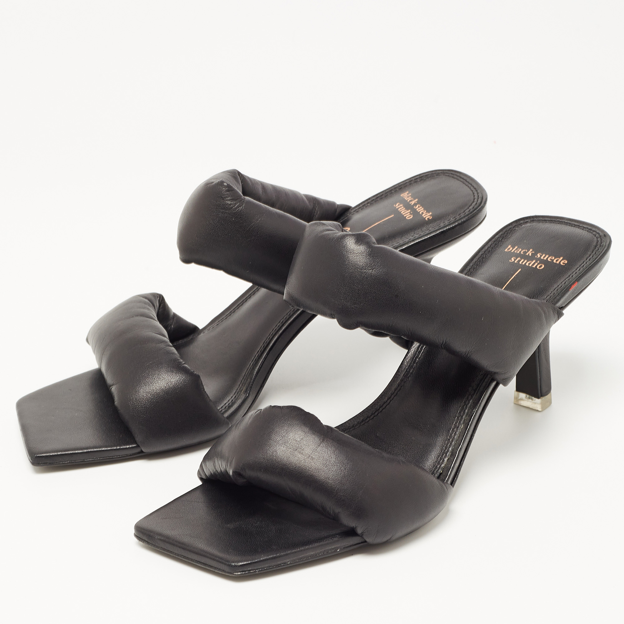 

Caroline x Black Suede Studio Black Padded Leather Cynthia Slide Sandals Size
