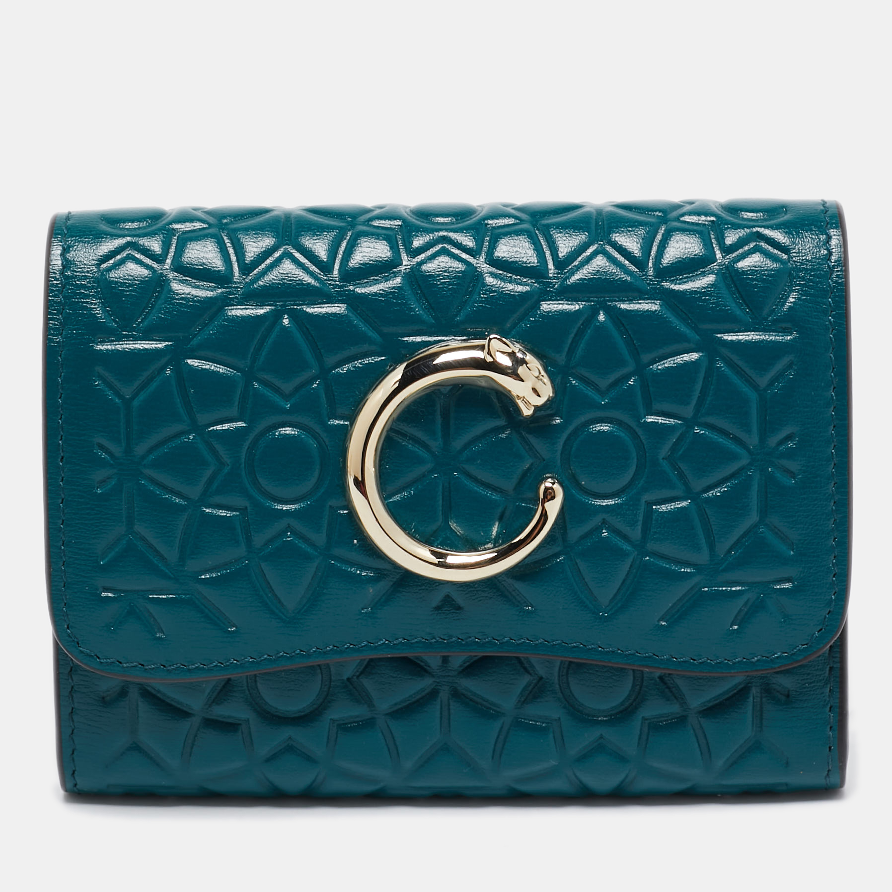 

Cartier Teal Green Embossed Leather Panthere De Cartier Card Case