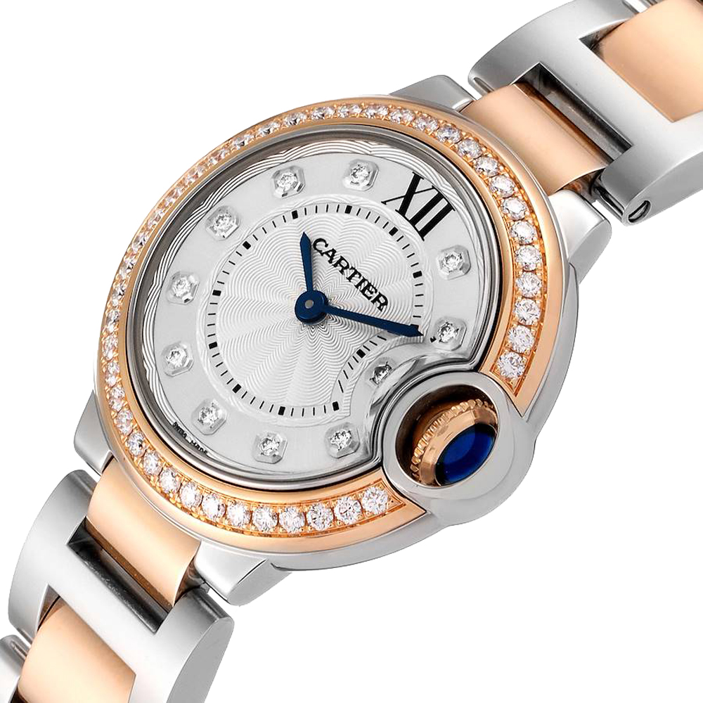 

Cartier Silver Diamonds 18K Rose Gold And Stainless Steel Ballon Blue W3BB0009 Women's Wristwatch 28 MM