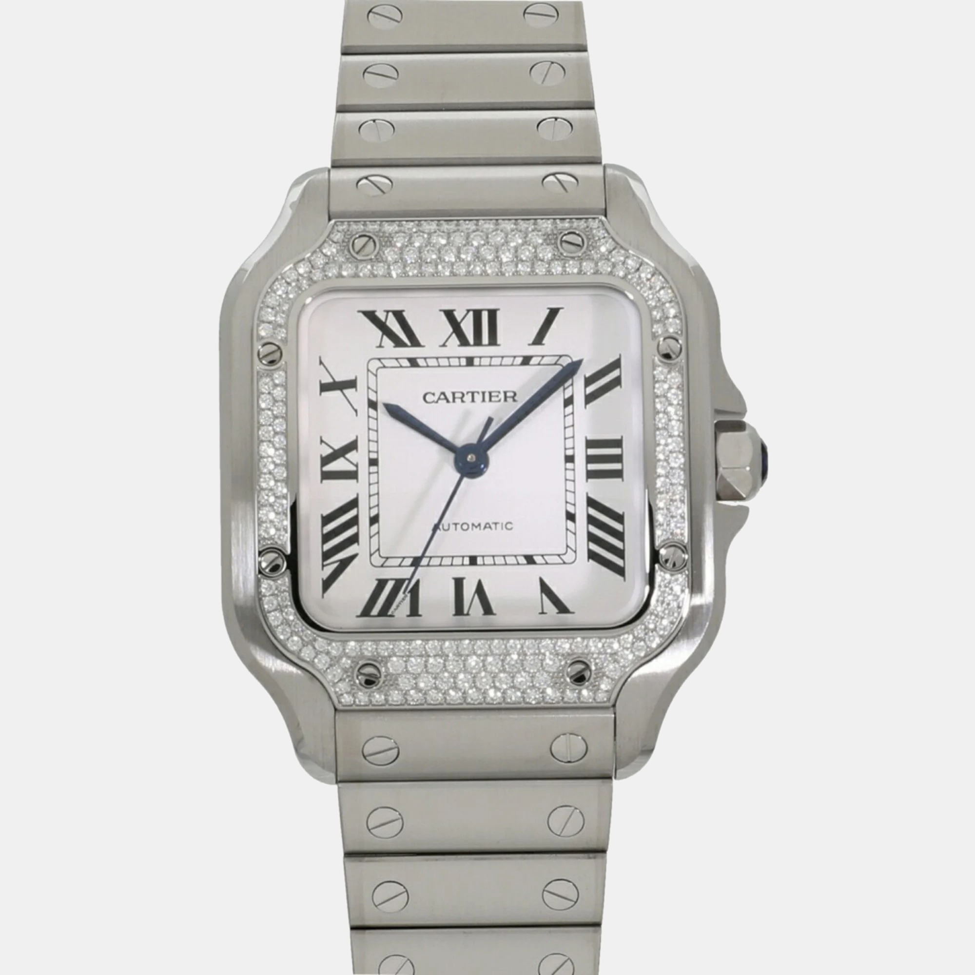 

Cartier Silver Diamond Stainless Steel Santos W4SA0005 Automatic Women's Wristwatch 35 mm