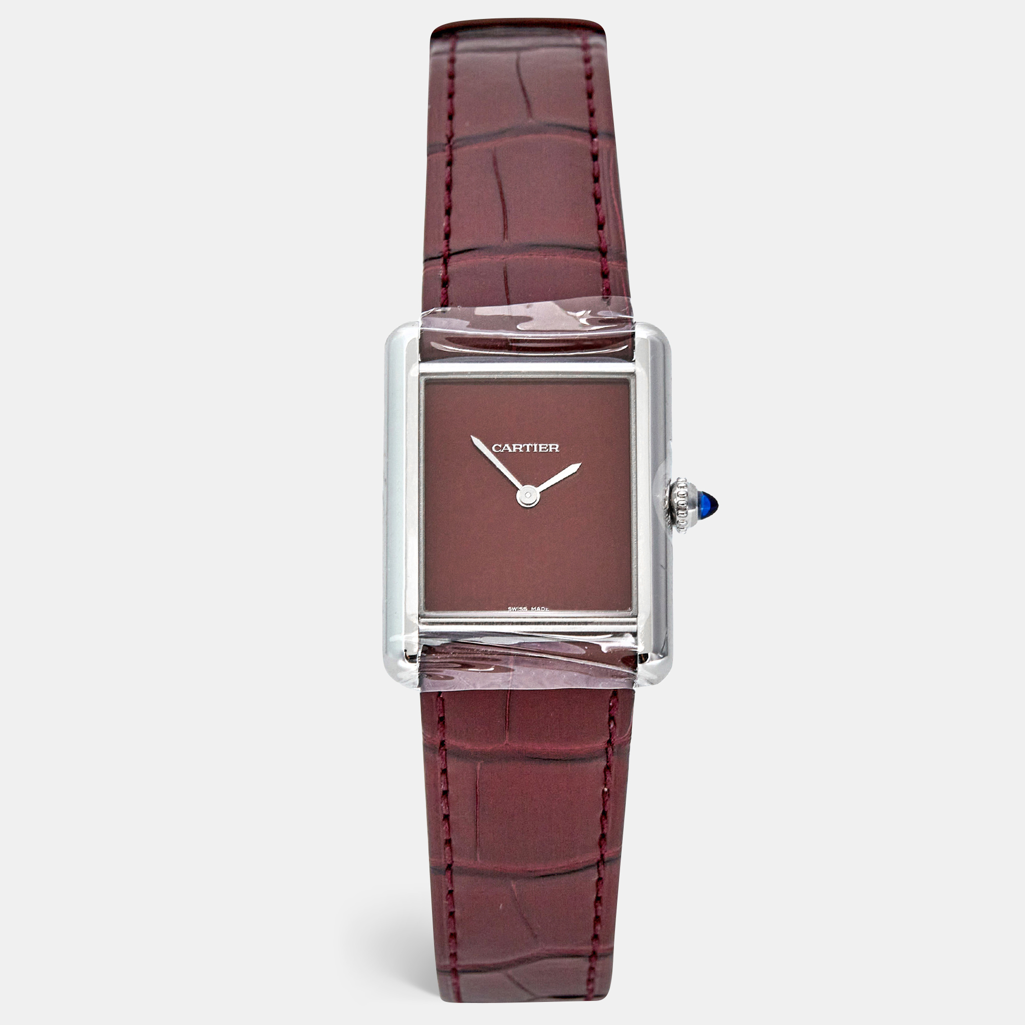Pre-owned Cartier Tank Must Stainless Steel Quartz Large Model Claret Dial Wsta0054 Men's Watch 33.7 Mm X 25.5 Mm In Red