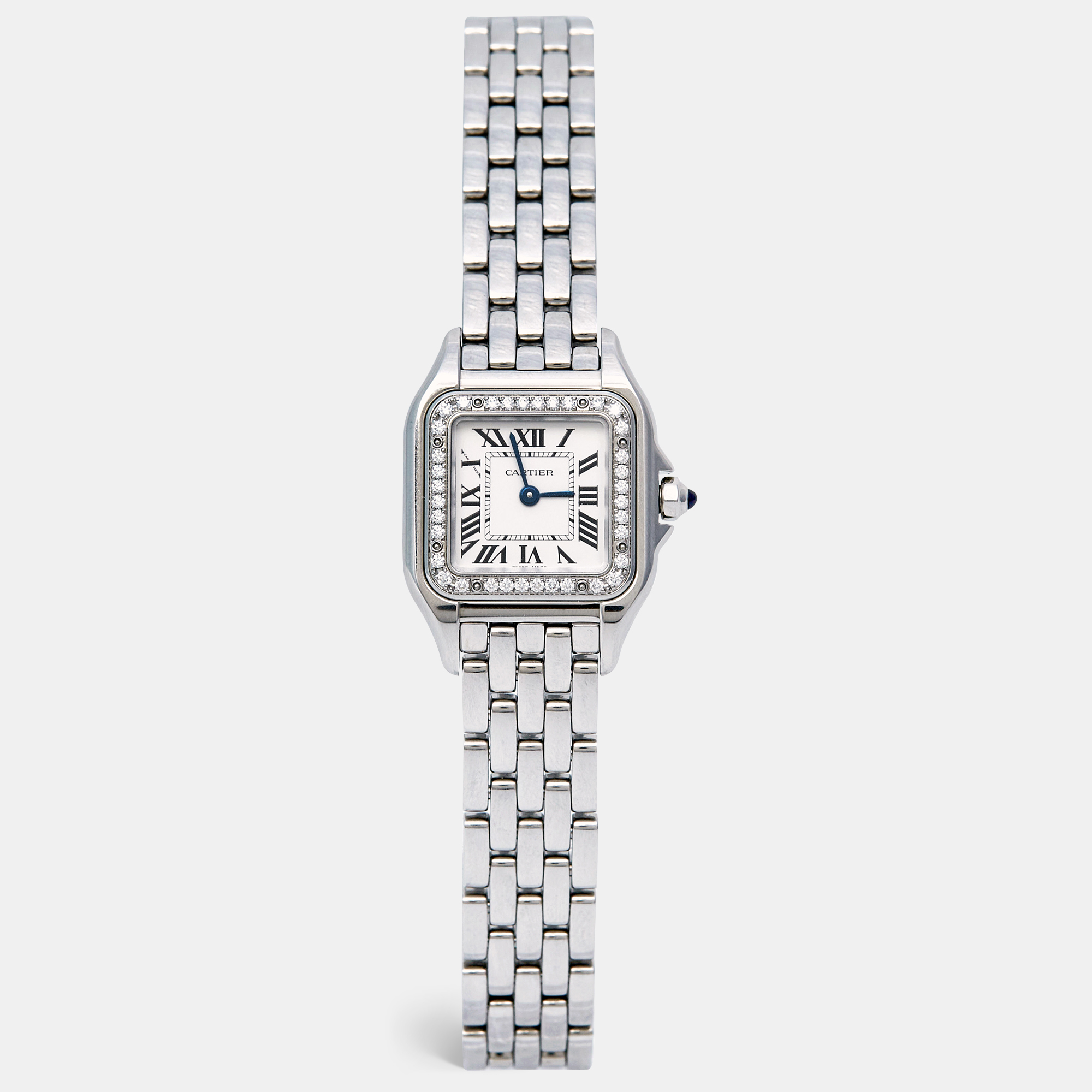 This Panthère de Cartier from Cartier is a creation worthy of being yours. As a true style icon It has a grand fusion of elegance with contemporary charm in every detail from the square case to the concealed clasp. Using stainless steel Cartier sculpted out the watch and had the case held by a chain link bracelet. The bezel has diamonds and the case is fitted with a white dial featuring Roman numeral hour markers and two blue hands. This Quartz timepiece is a symbol of ageless beauty