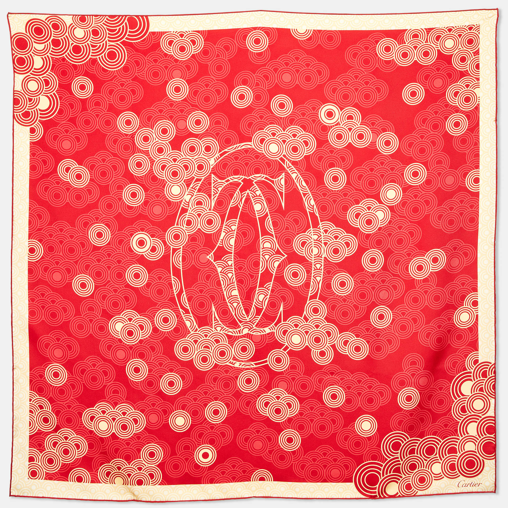 Pre-owned Cartier Red/yellow Circle Print Silk Square Scarf