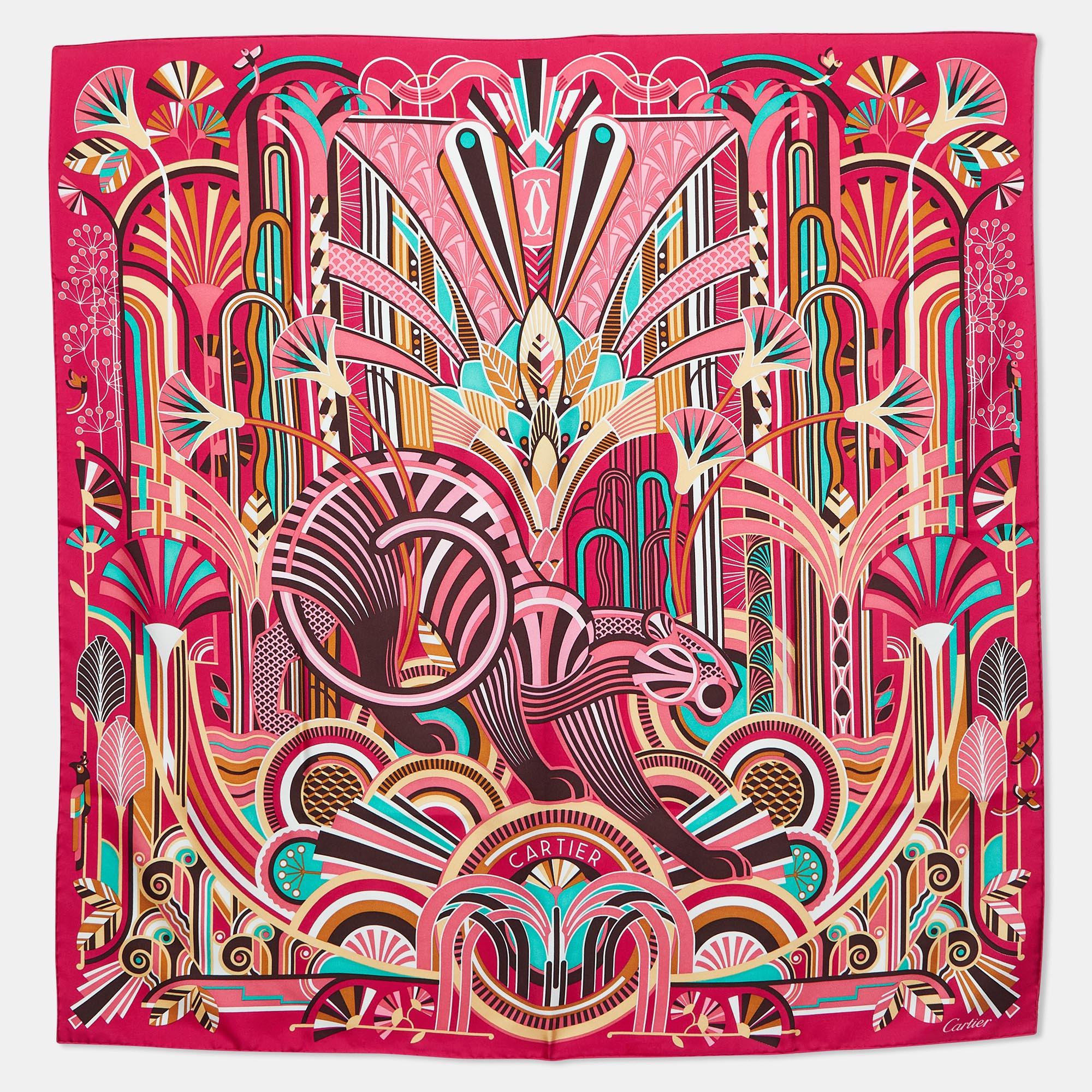 

Cartier Pink Panthère Art Déco Print Silk Scarf