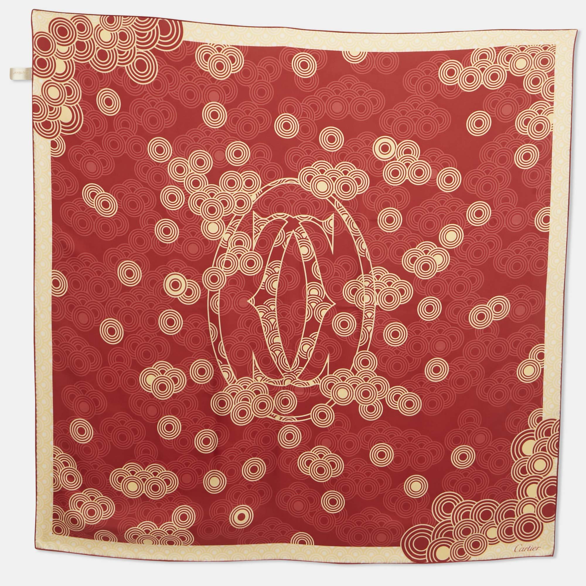 Pre-owned Cartier Red Silk Printed Sqaure Scarf
