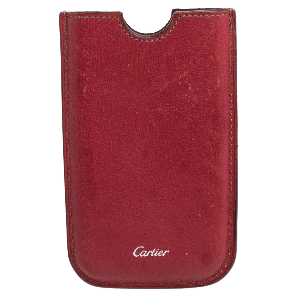 Pre-owned Cartier Red Leather Iphone Case In Burgundy