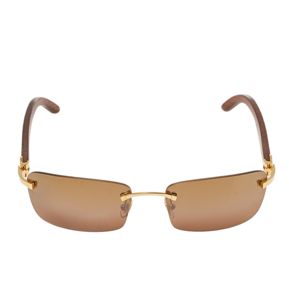 

Cartier Textured Wood/ Brown 135B Wooden C D÷cor Rimless Sunglasses