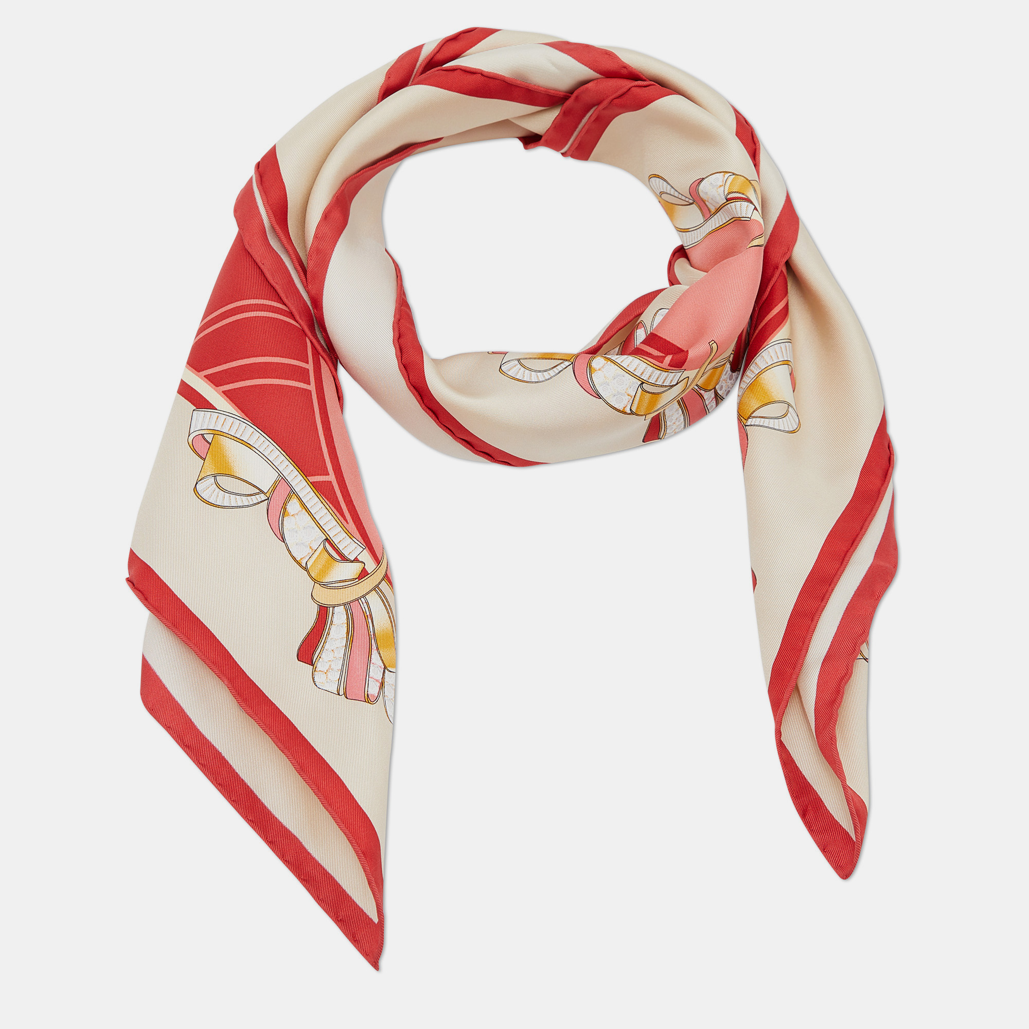 

Cartier Red & Beige Jewel Printed Silk Square Scarf