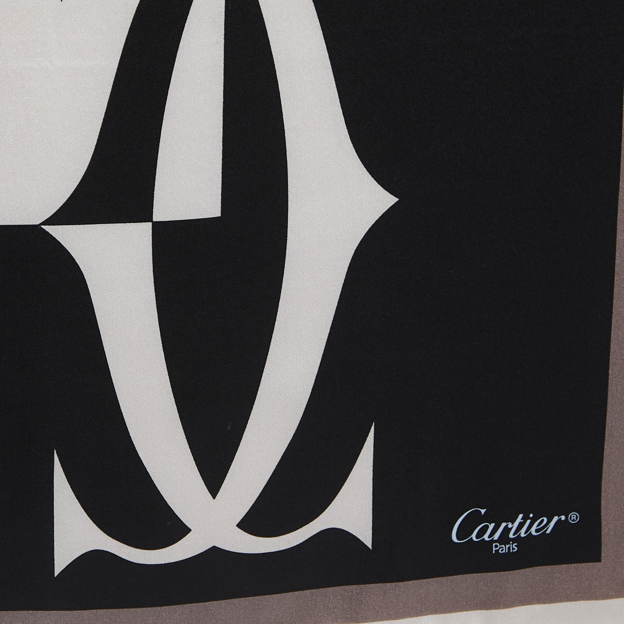 

Cartier Black/Grey Logo Print Silk Satin Sqaure Scarf
