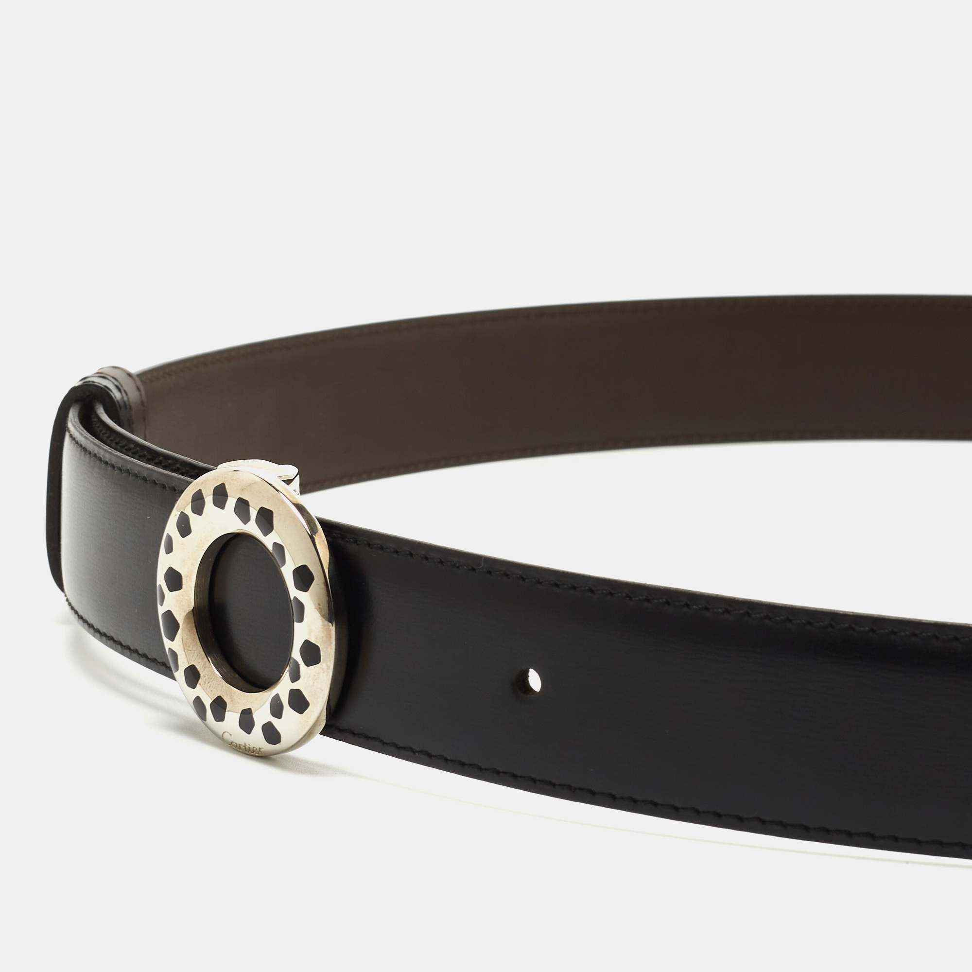 

Cartier Black/Brown Leather Panthere Round Buckle Reversible Belt