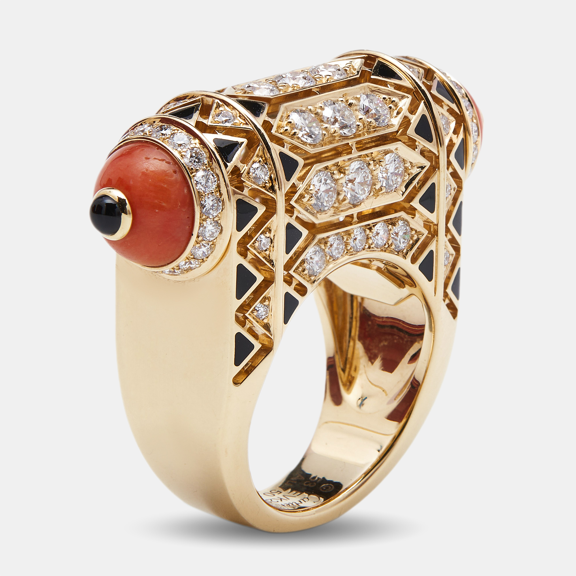 

Cartier Geometry and Contrast Multicolor Gemstones Black Lacquer 18k Rose Gold Cocktail Ring Size