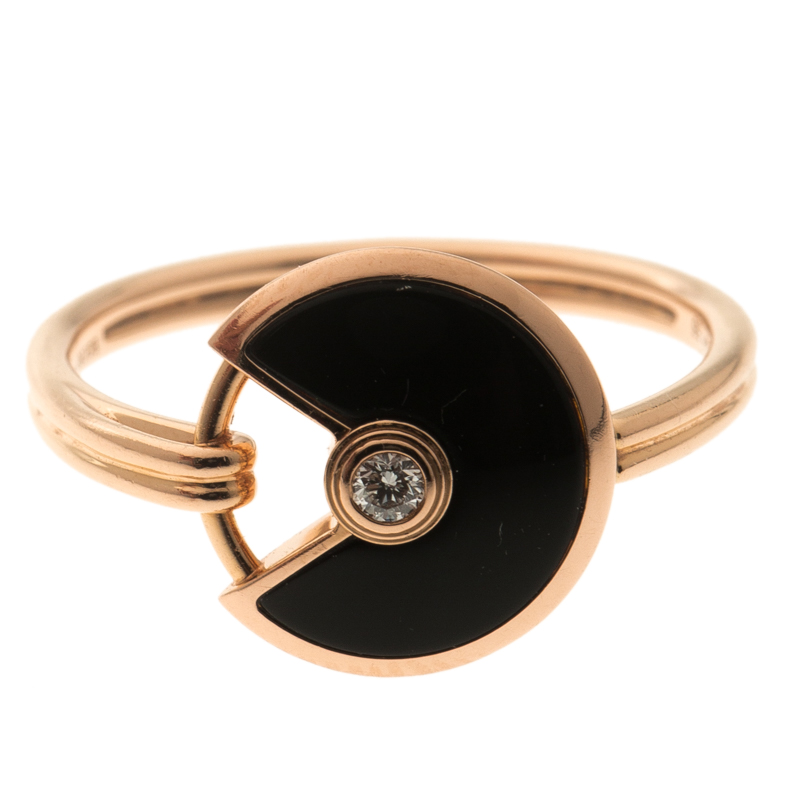 Cartier Amulette de Cartier Onyx Diamond Rose Gold Ring Size 56