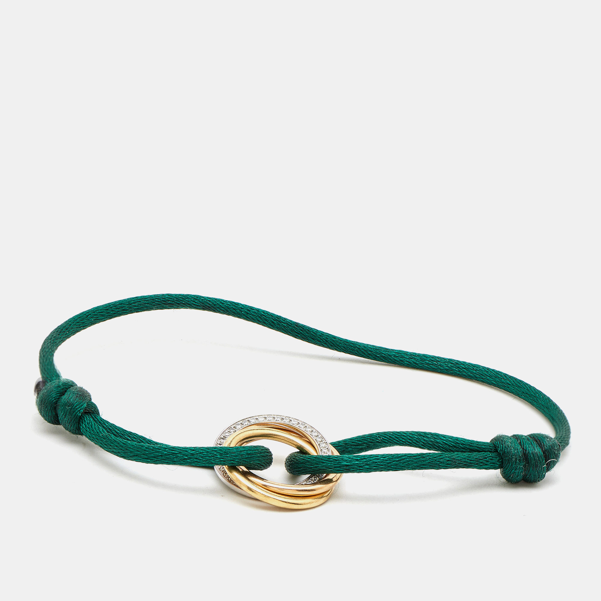 

Cartier Trinity Diamonds 18k Three Tone Gold Adjustable Cord Bracelet, Green