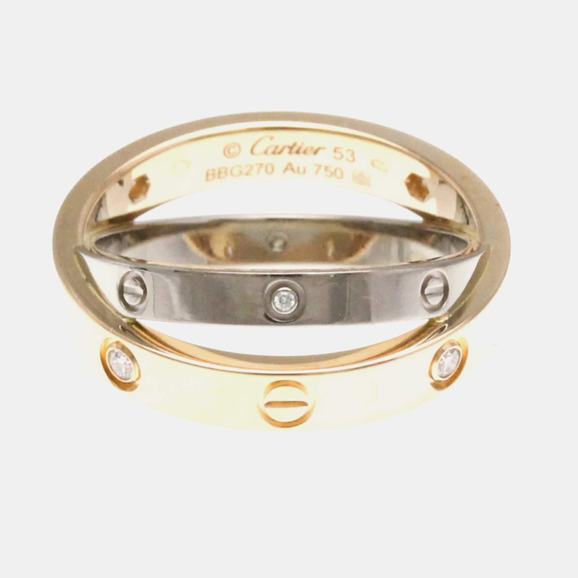 

Cartier 18K Rose Gold, White Gold and Diamond Love Band Ring EU 53