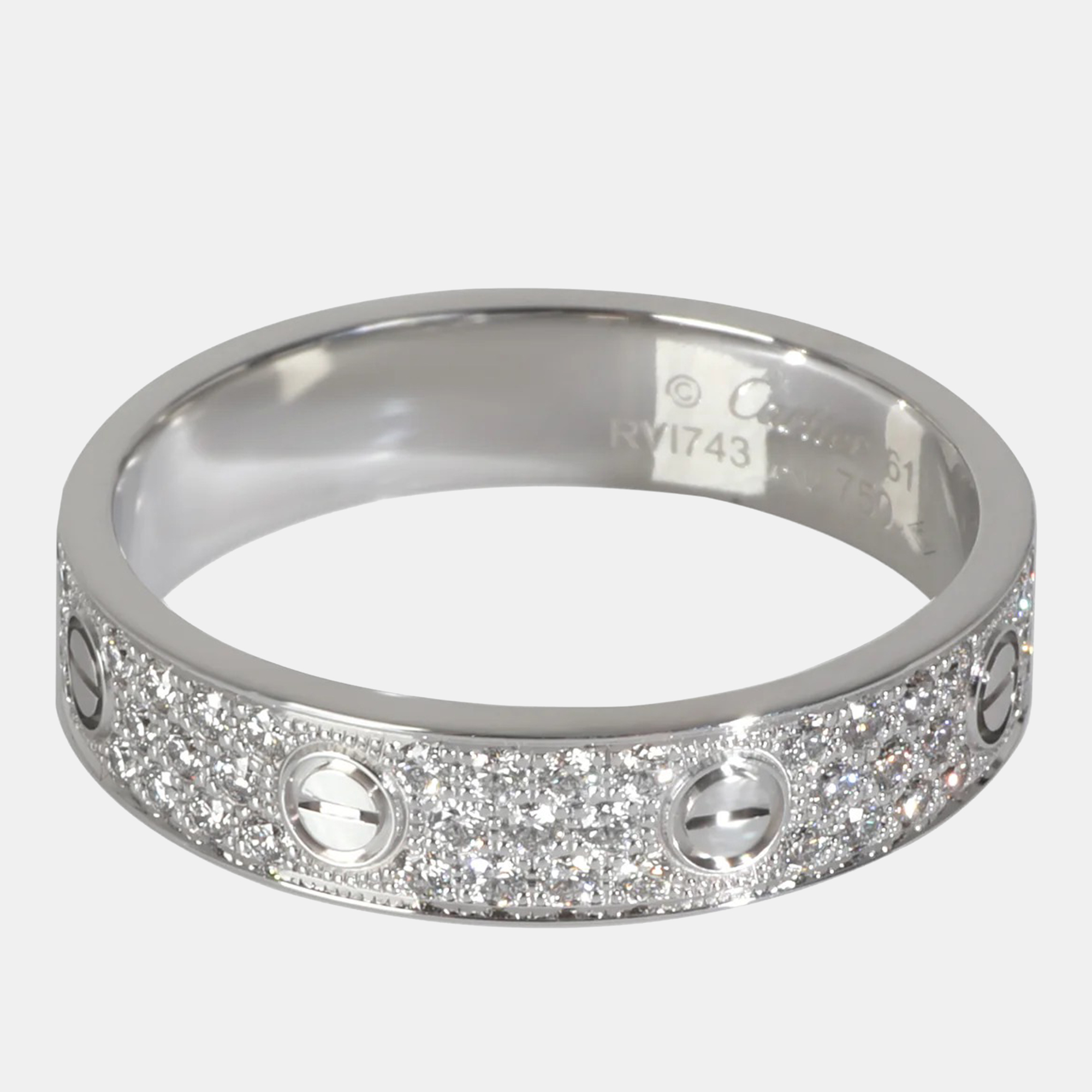 Pre-owned Cartier Love 18k White Gold And Diamond Band Ring Eu 61