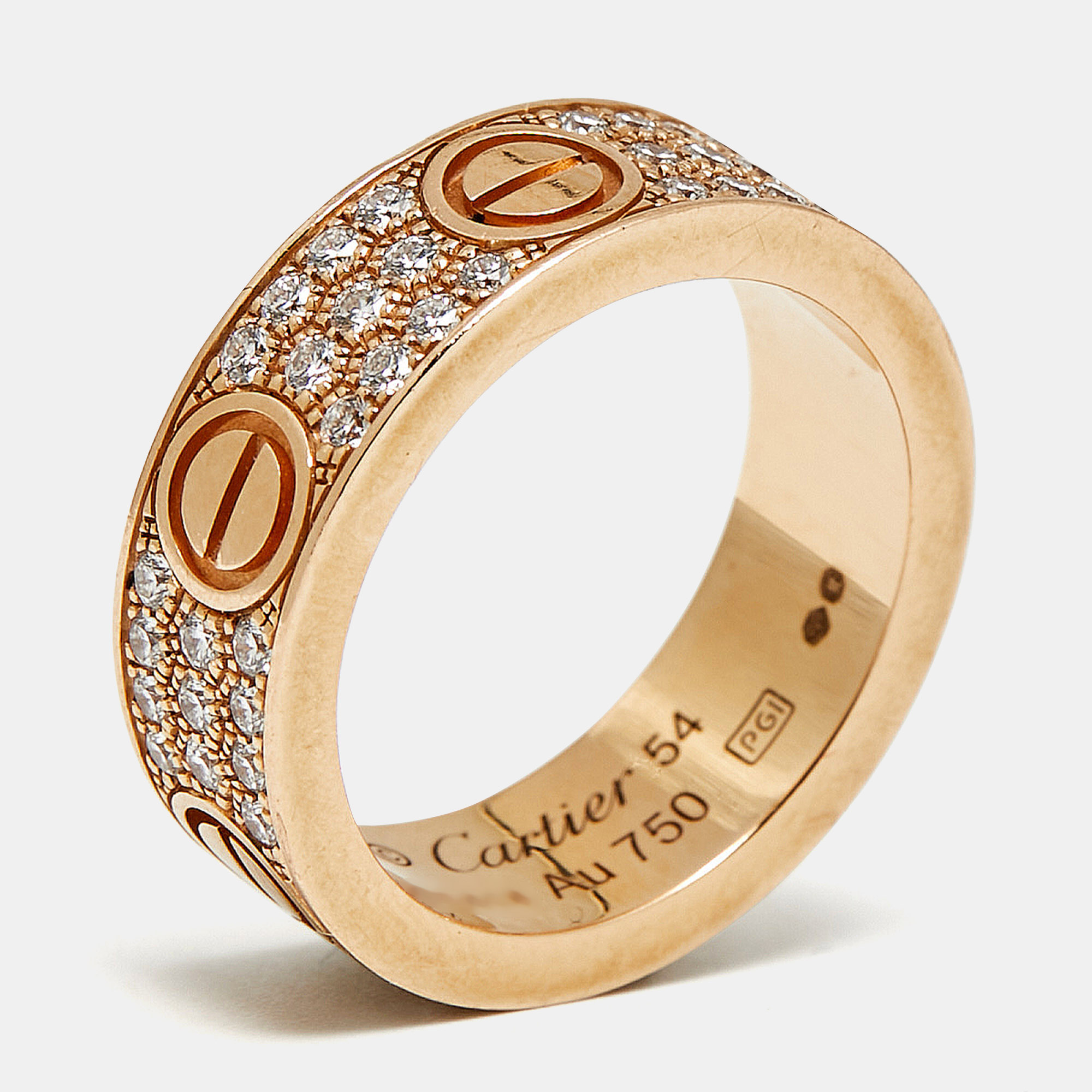 Click to view more detailed imagery on our partner's website Pre-owned Cartier Love Diamonds 18k Rose Gold Ring Size 54