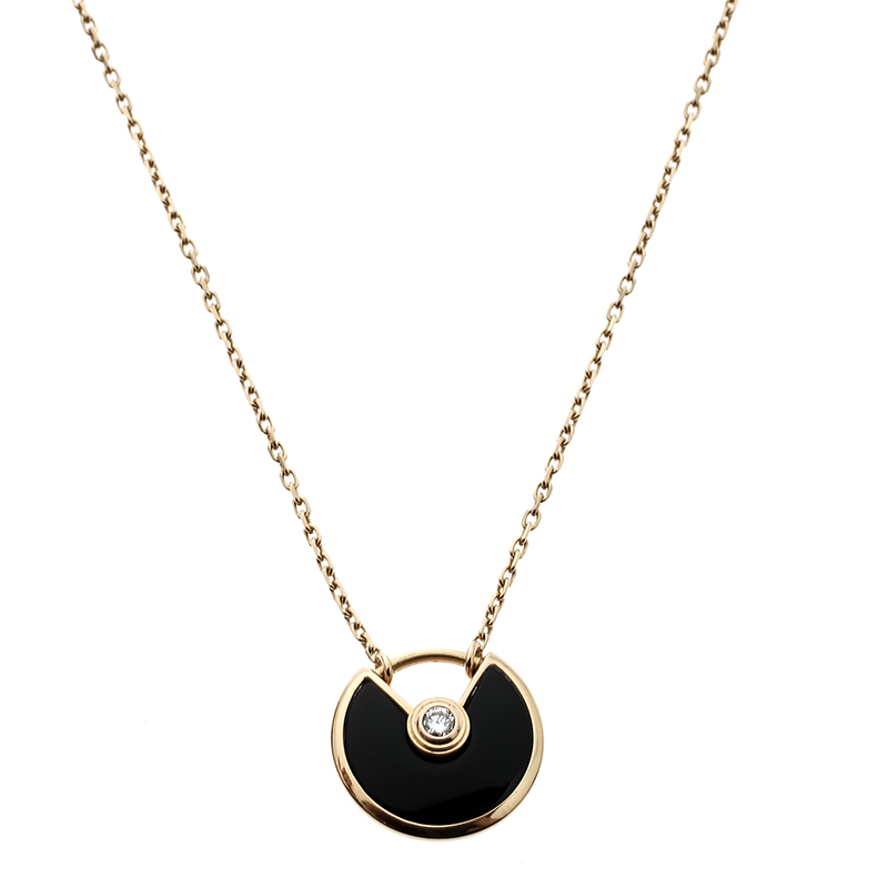 Pre Owned Cartier Amulette de Cartier Diamond Onyx 18k Rose Gold Necklace XS