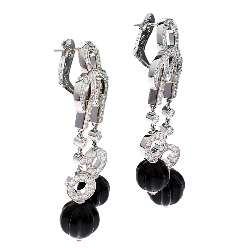 

Cartier Agrafe Diamond Onyx 18k White Gold Long Earrings