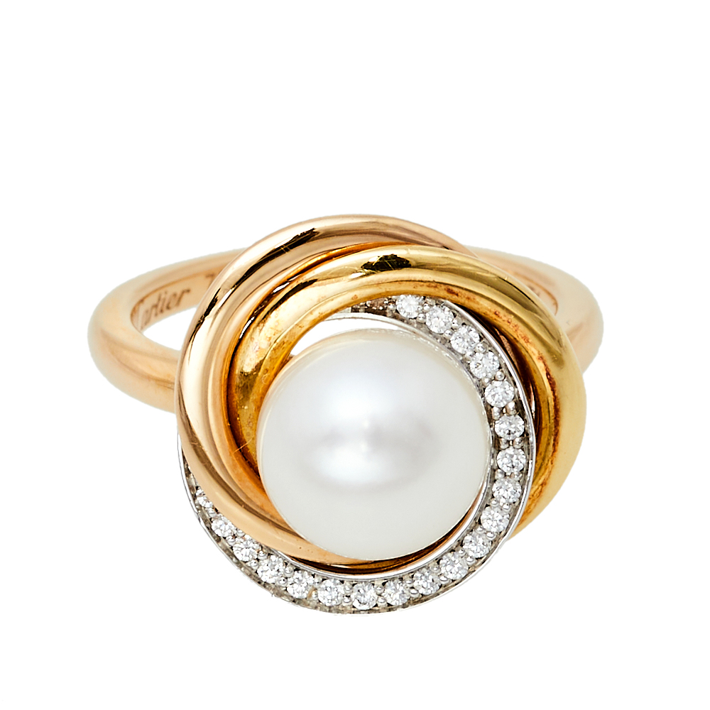 

Cartier Trinity Cultured Pearl Diamond 18K Three Tone Gold Ring 49