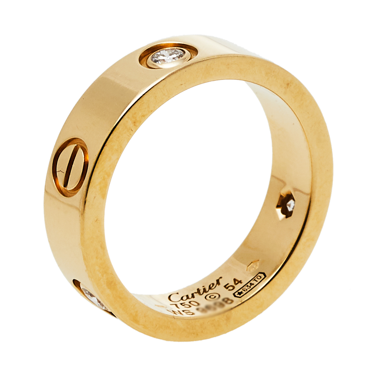 Pre-owned Cartier Love 3 Diamonds 18k Yellow Gold Ring Size 54