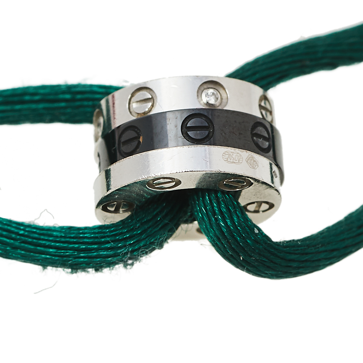 

Cartier Love Diamond White Gold and Black Ceramic Hoops Green Silk Cord Bracelet