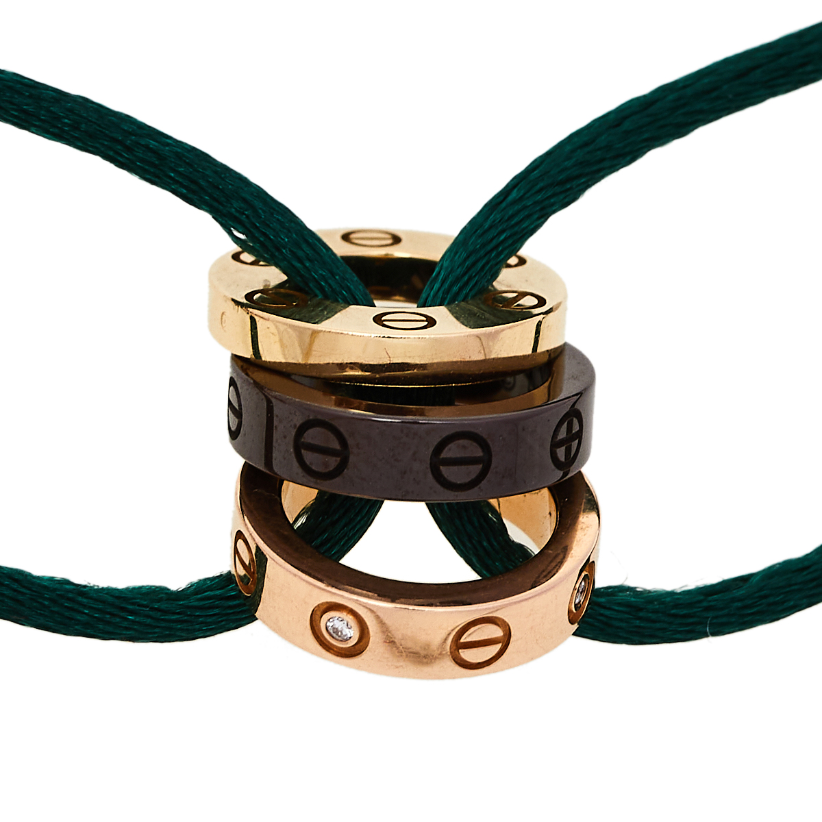 

Cartier Love Diamond Ceramic 18K Two Tone Gold 3 Hoops Green Silk Cord Bracelet