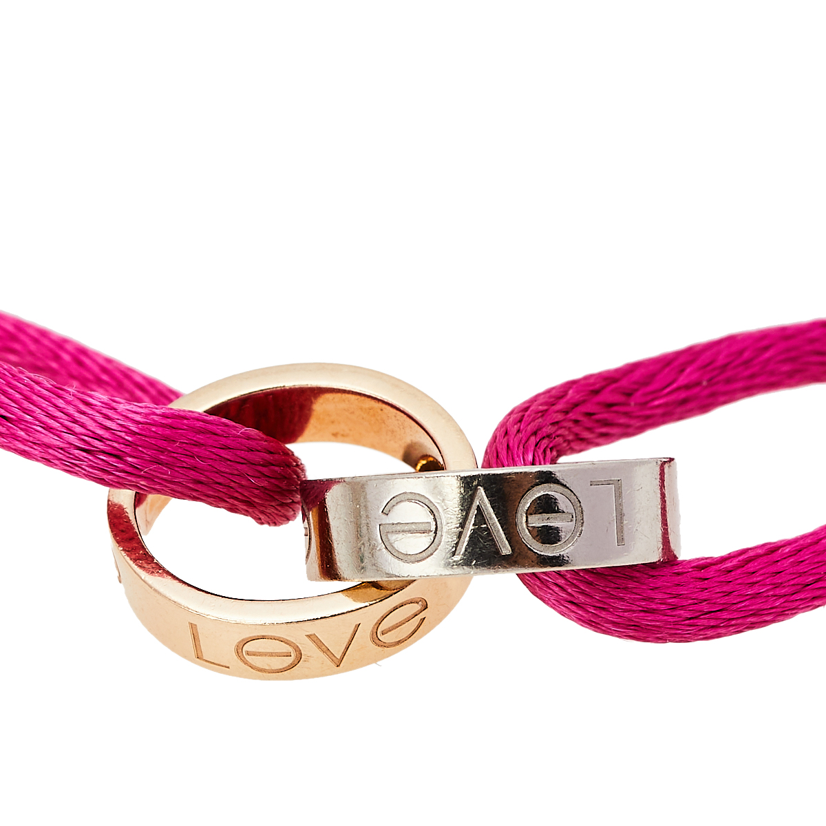 

Cartier Love 18K Two Tone Gold Hoops Pink Cord Adjustable Bracelet