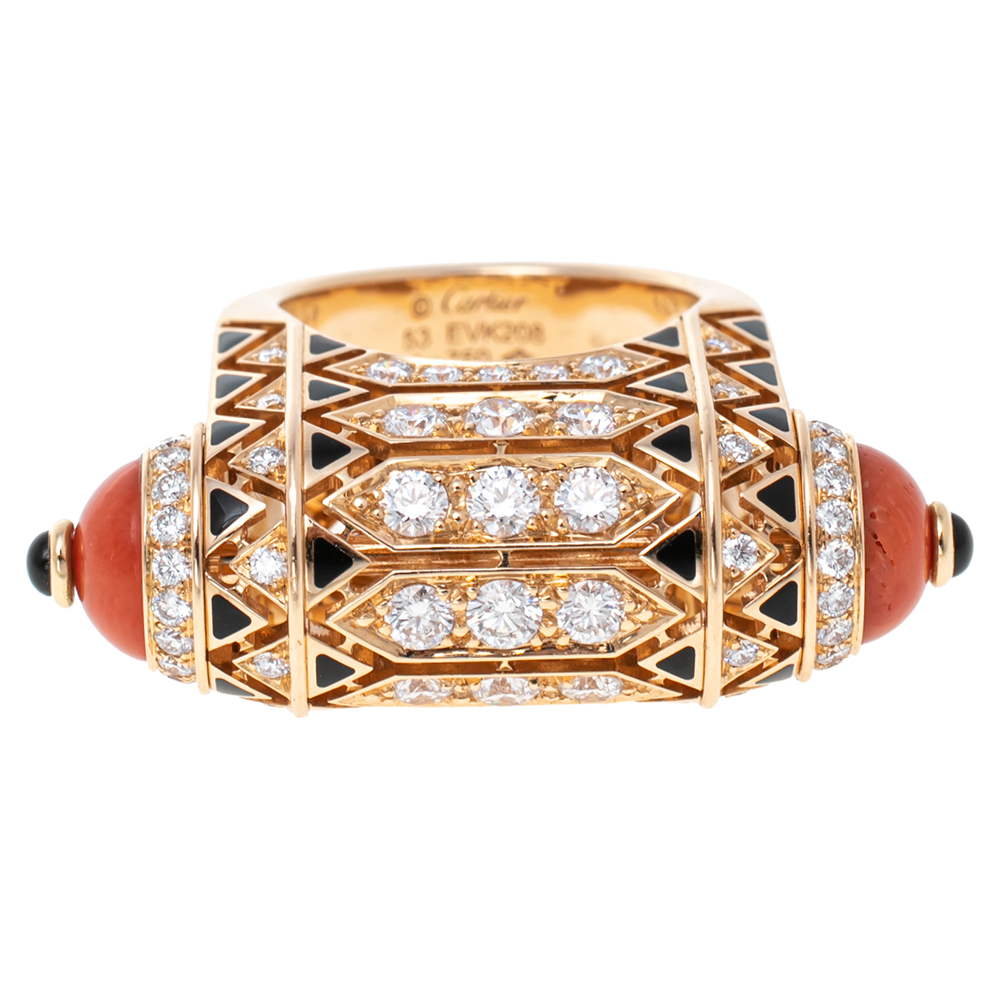 

Cartier Geometry and Contrast Multicolor Gemstones Black Lacquer 18k Rose Gold Cocktail Ring Size