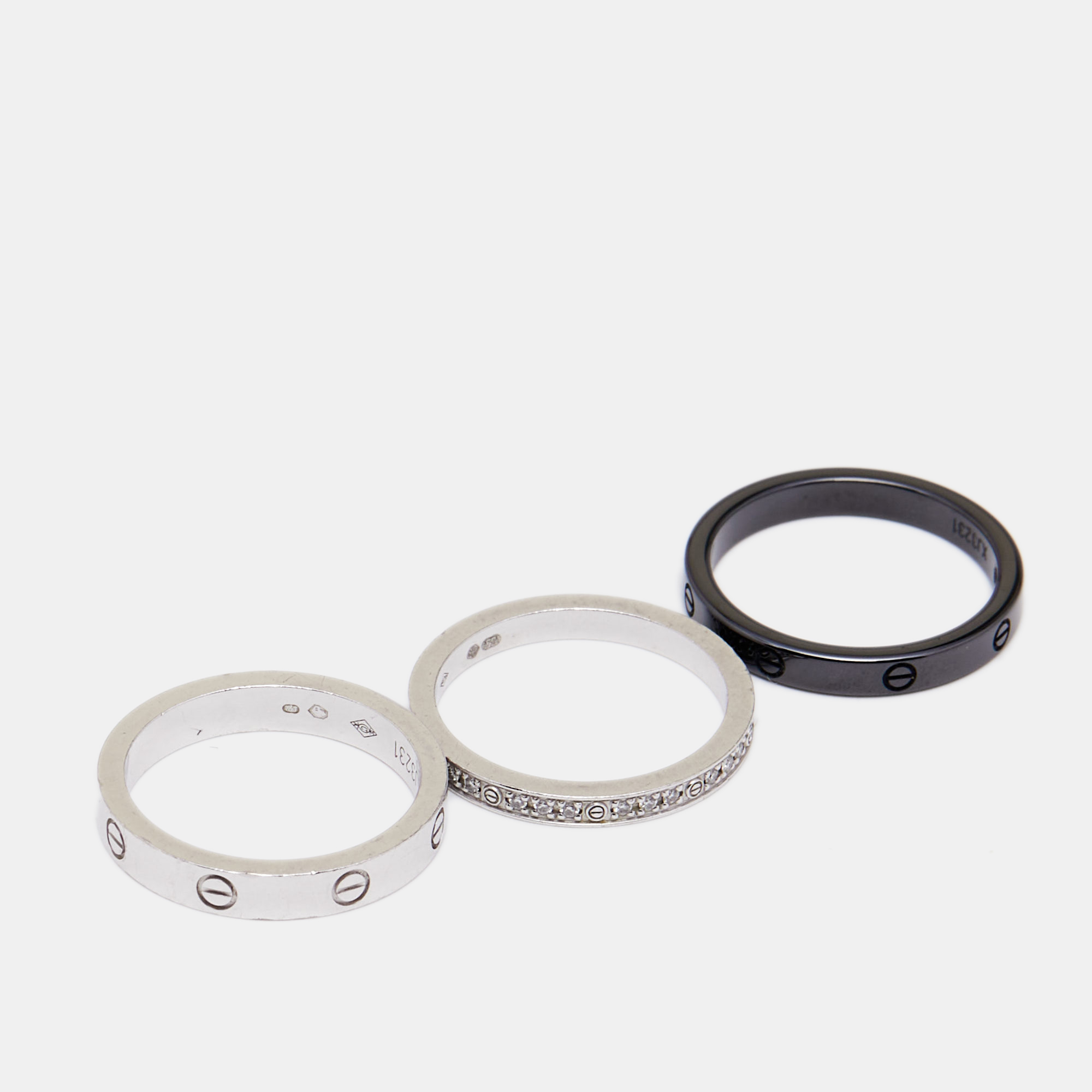

Cartier Love Diamond Ceramic 18K White Gold Set of 3 Band Ring Size