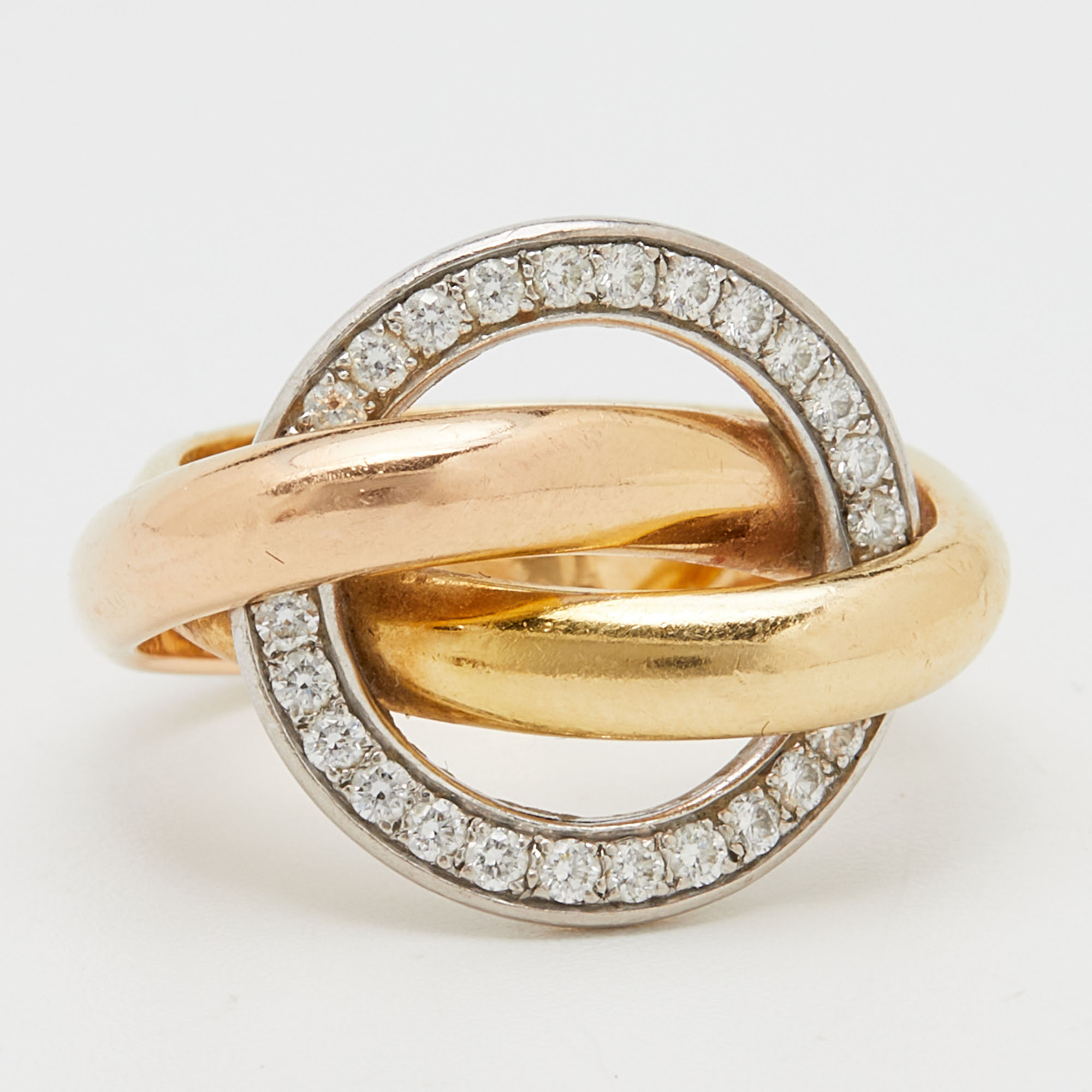 

Cartier Trinity Crash Diamond 18k Three Tone Gold Ring Size