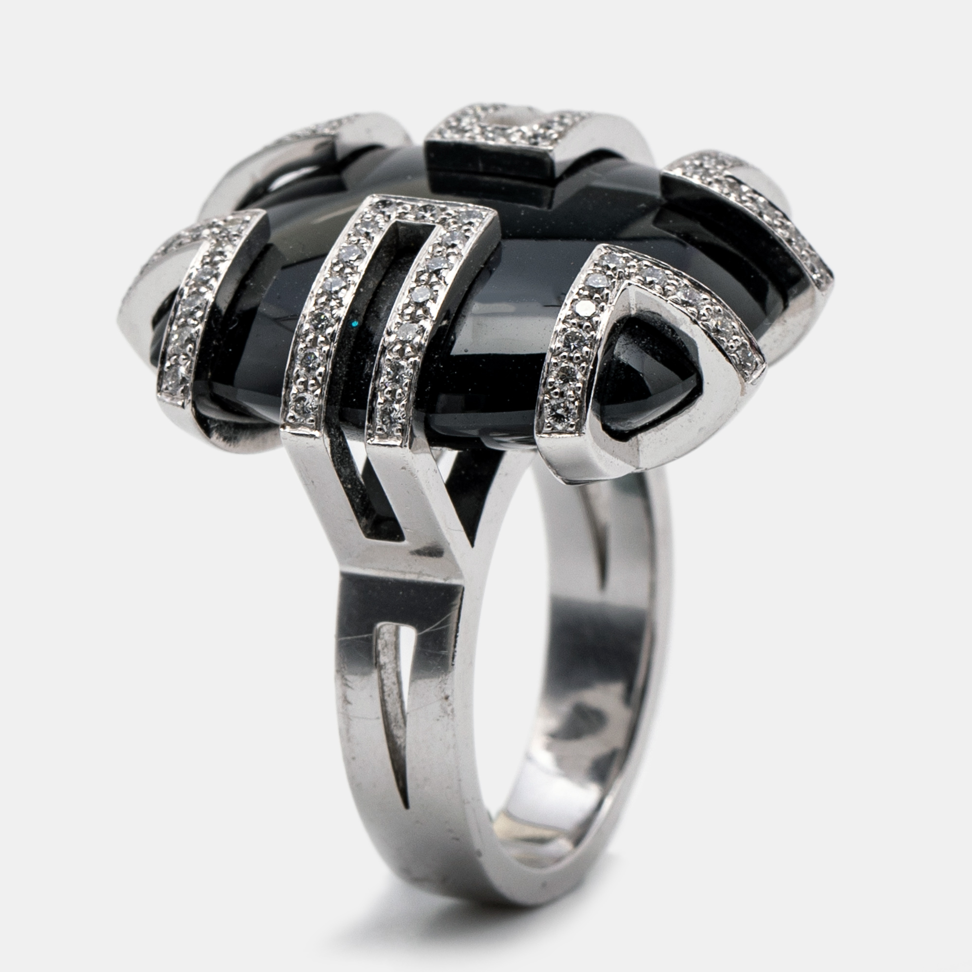 Pre Owned Cartier Le Baiser du Dragon Black Jade Diamond 18K White Gold Ring Size 52