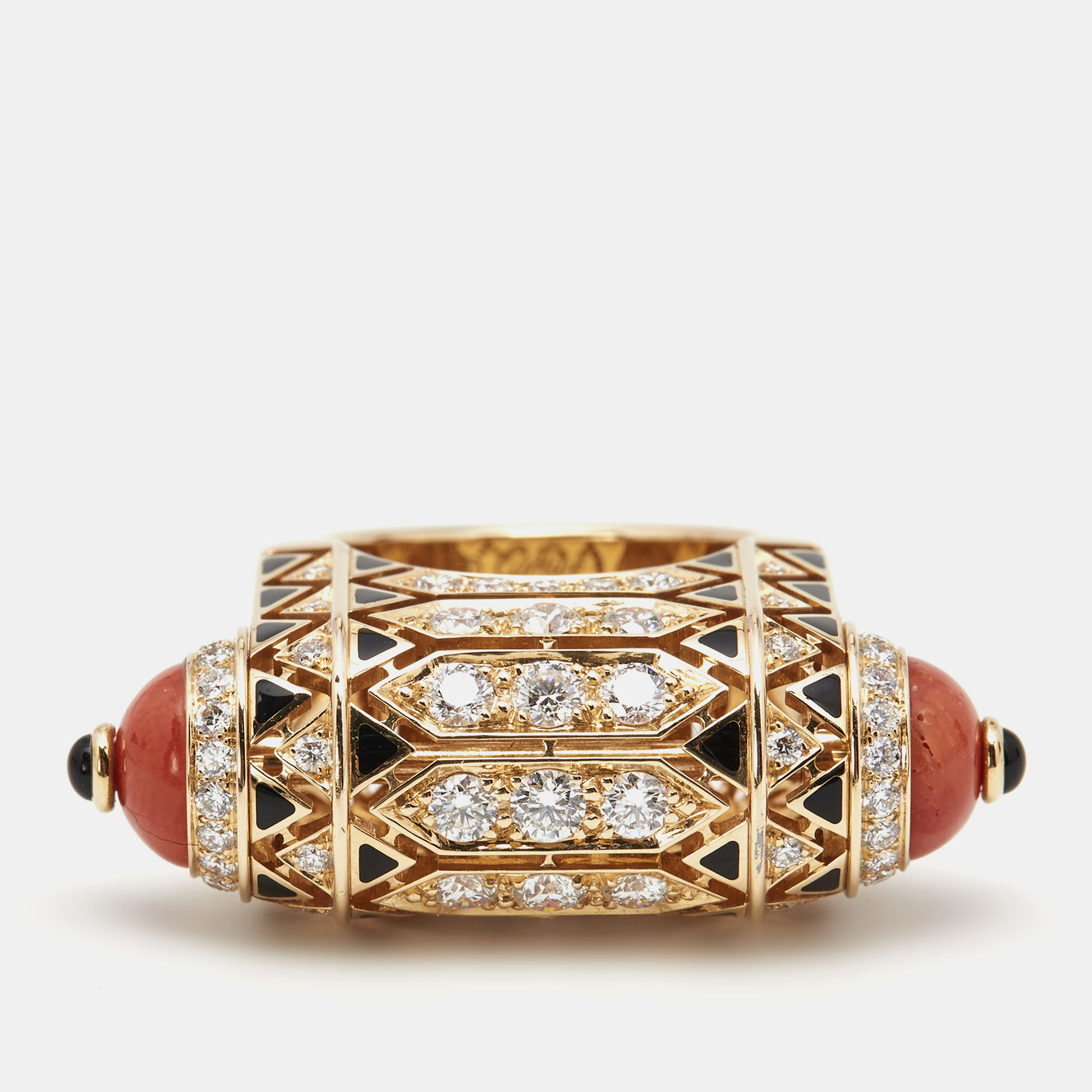 

Cartier Geometry and Contrast Multicolor Gemstones Black Lacquer 18k Rose Gold Cocktail Ring Size