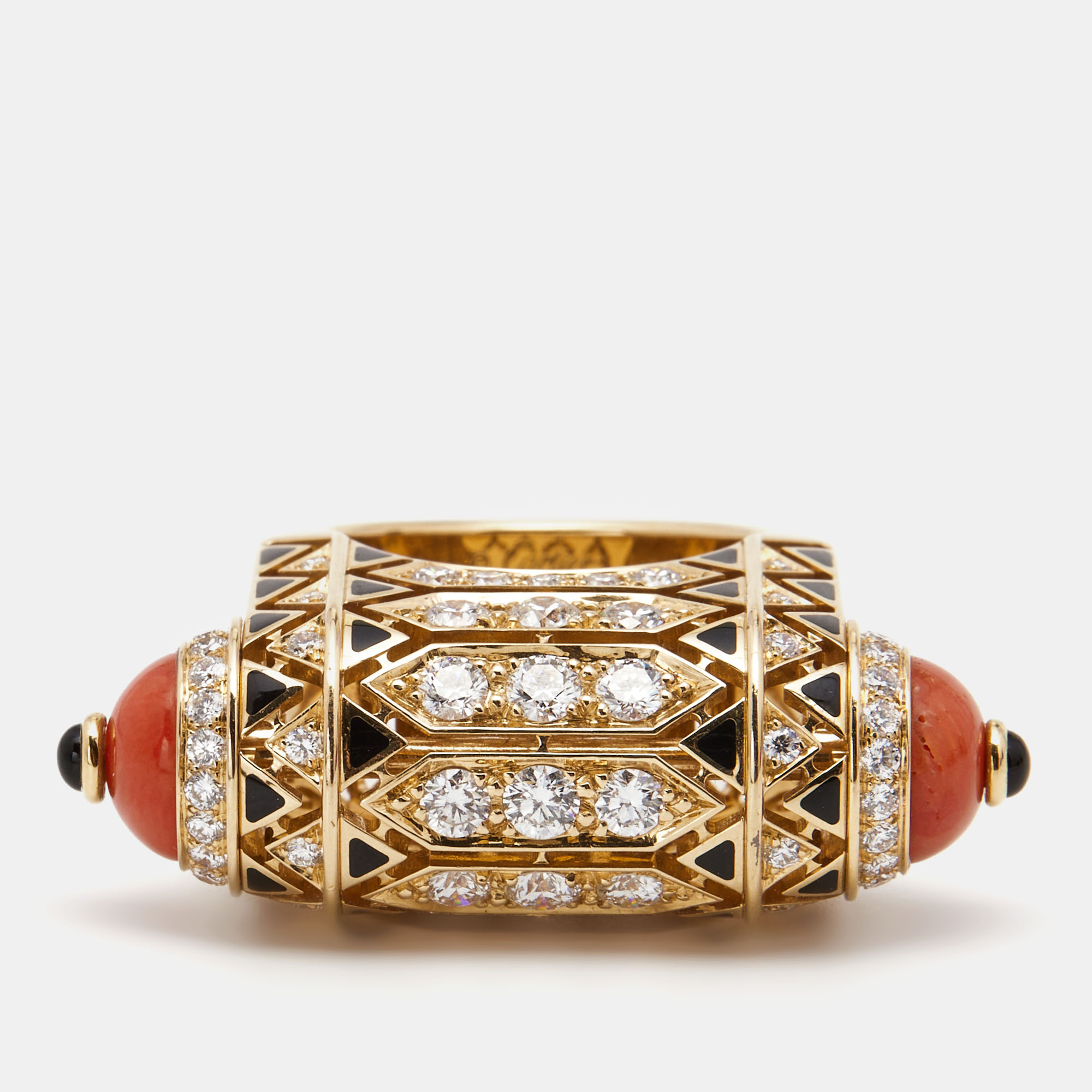 

Cartier Geometry and Contrast Multicolor Gemstones Black Lacquer 18k Rose Gold Cocktail Ring Size