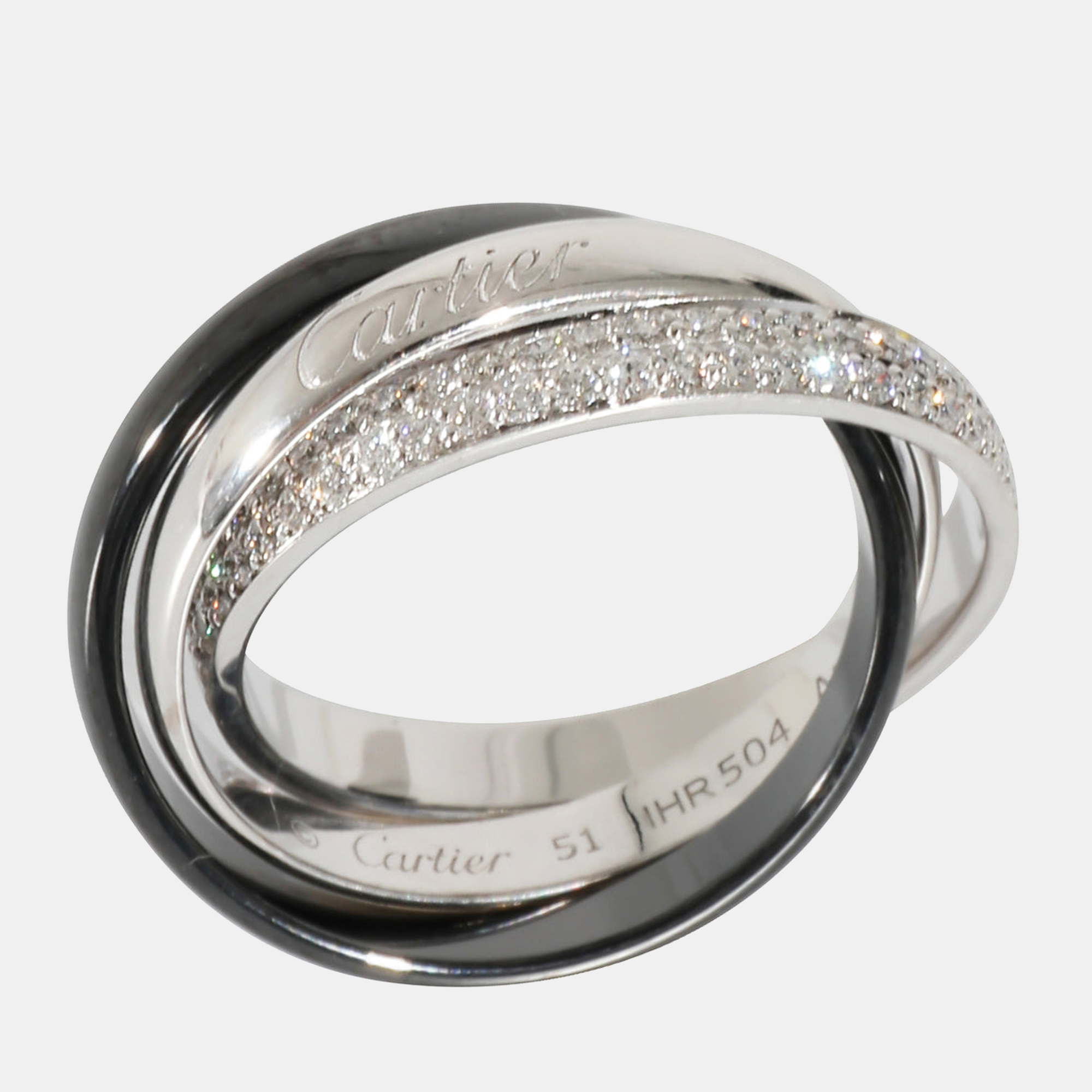 

Cartier Trinity Ring with Ceramic & Diamond in 18k White Gold 0.45 CTW Ring EU 51