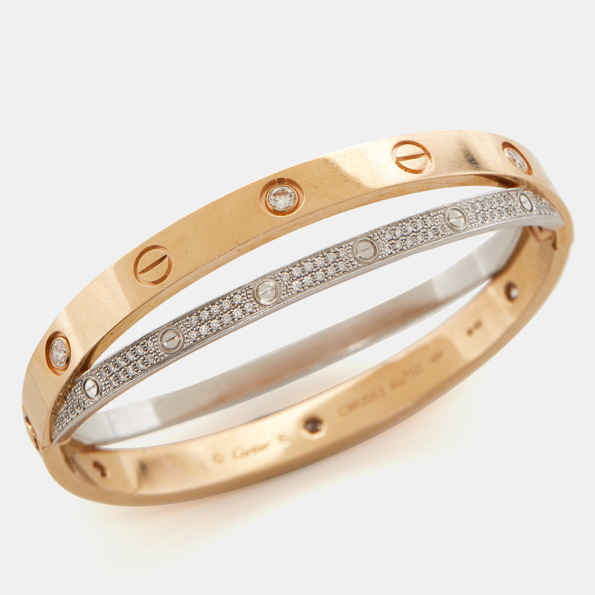 

Cartier Love Paved Diamond 18k Two Tone Gold Bangle Bracelet 16