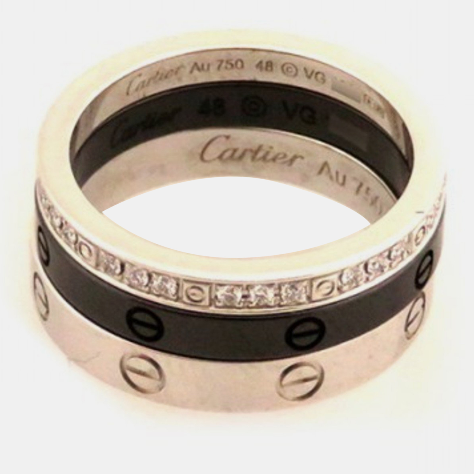 

Cartier Love Three Hoop 18K White Gold Diamond and Ceramic Ring EU 48