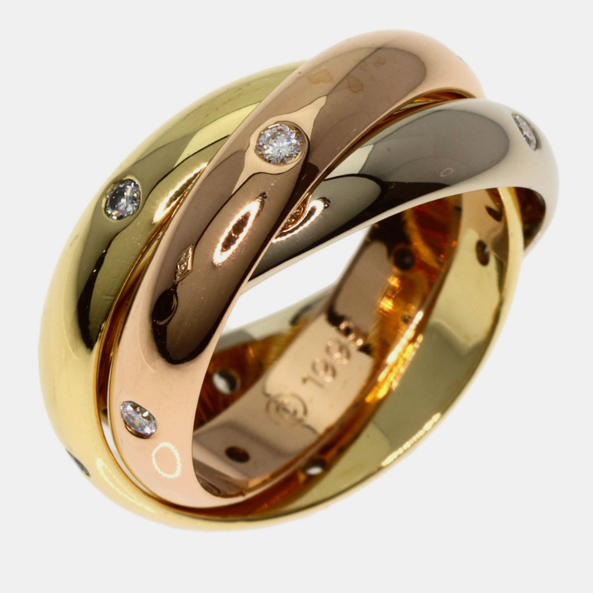 

Cartier Vintage Trinity 18K Yellow Rose White Gold and Diamond Ring EU 48