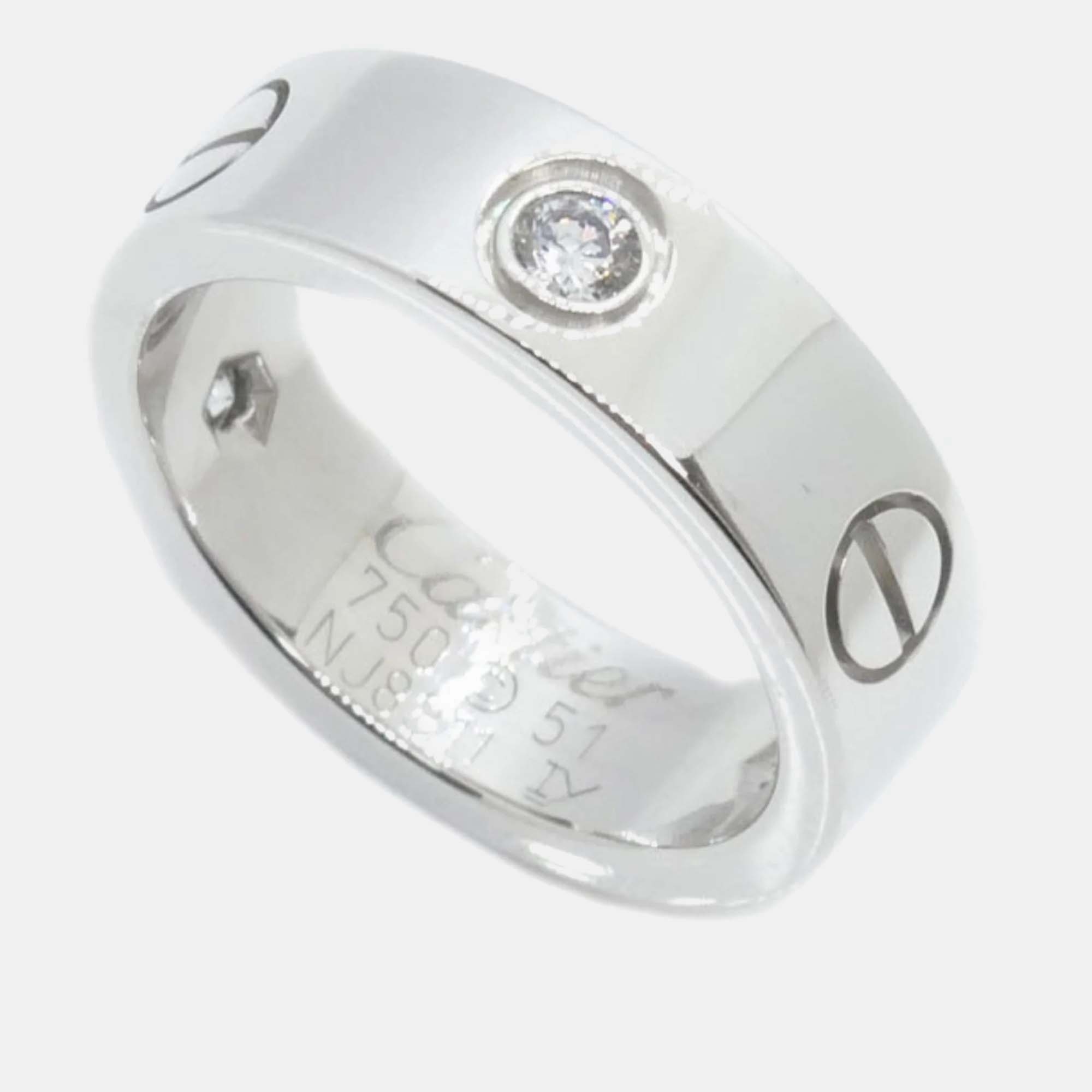 Pre-owned Cartier 18k White Gold And Diamond Love Band Ring Eu 51