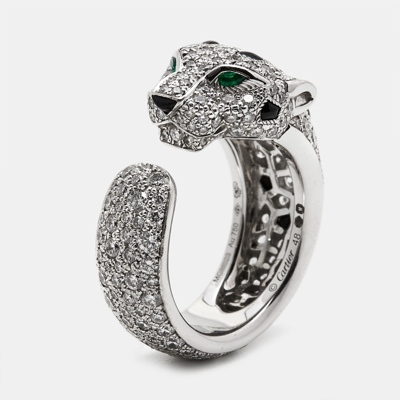 

Cartier Panthere De Cartier Diamond Onyx Emerald 18K White Gold Cocktail Ring Size