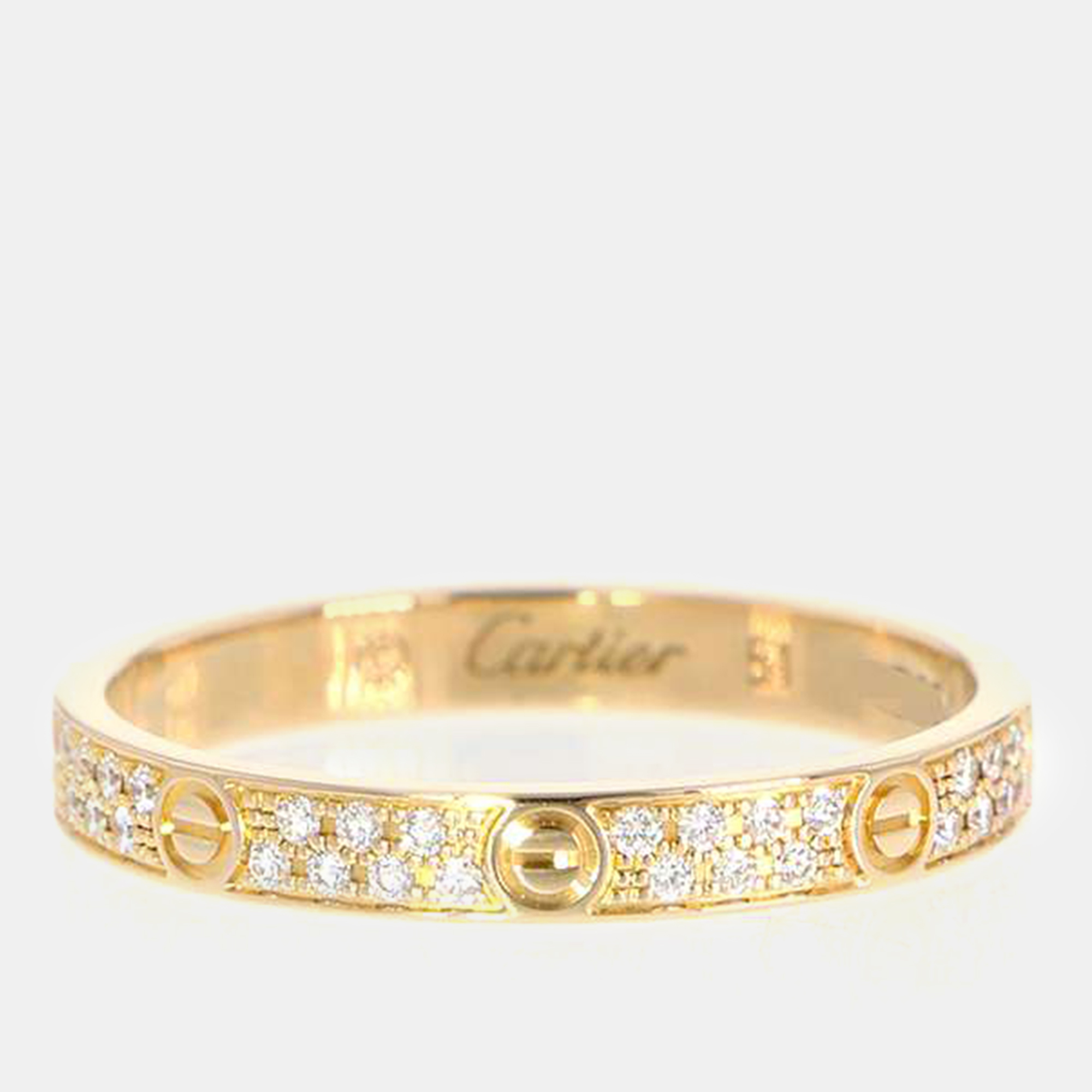 Pre-owned Cartier 18k Yellow Gold And Diamond Love Small Band Ring Eu 51