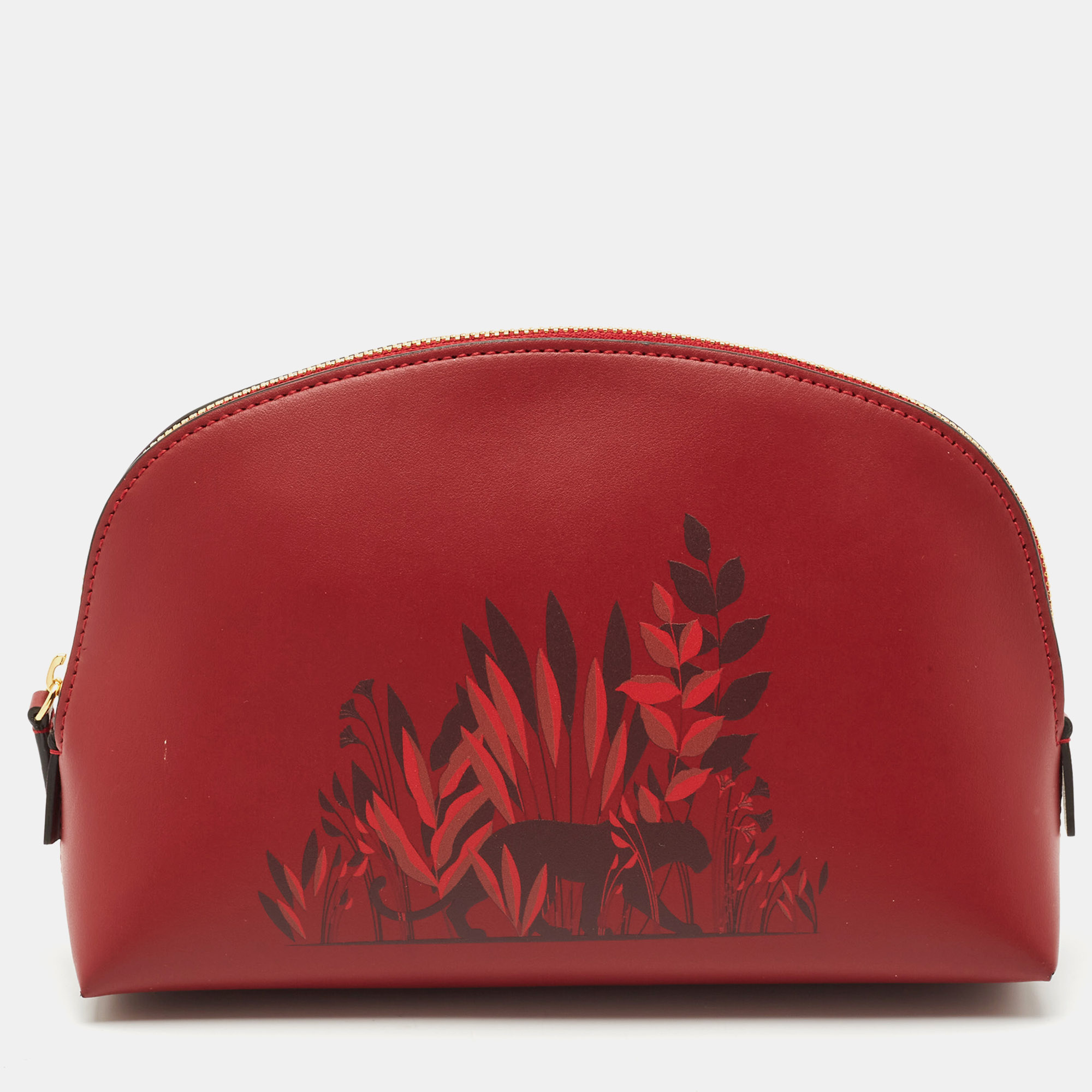 Cartier Red Panthere Logo Leather Zip Cosmetic Pouch