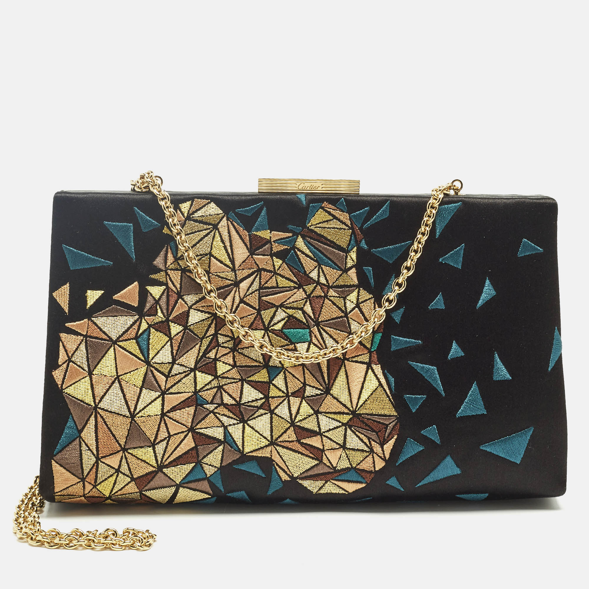 

Cartier Black/Teal Satin and Leather Embroidered Panthere De Cartier Chain Clutch