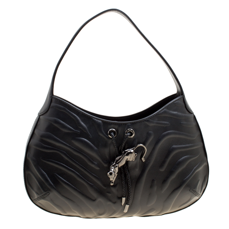 Pre Owned Cartier Black Leather Panthere Hobo