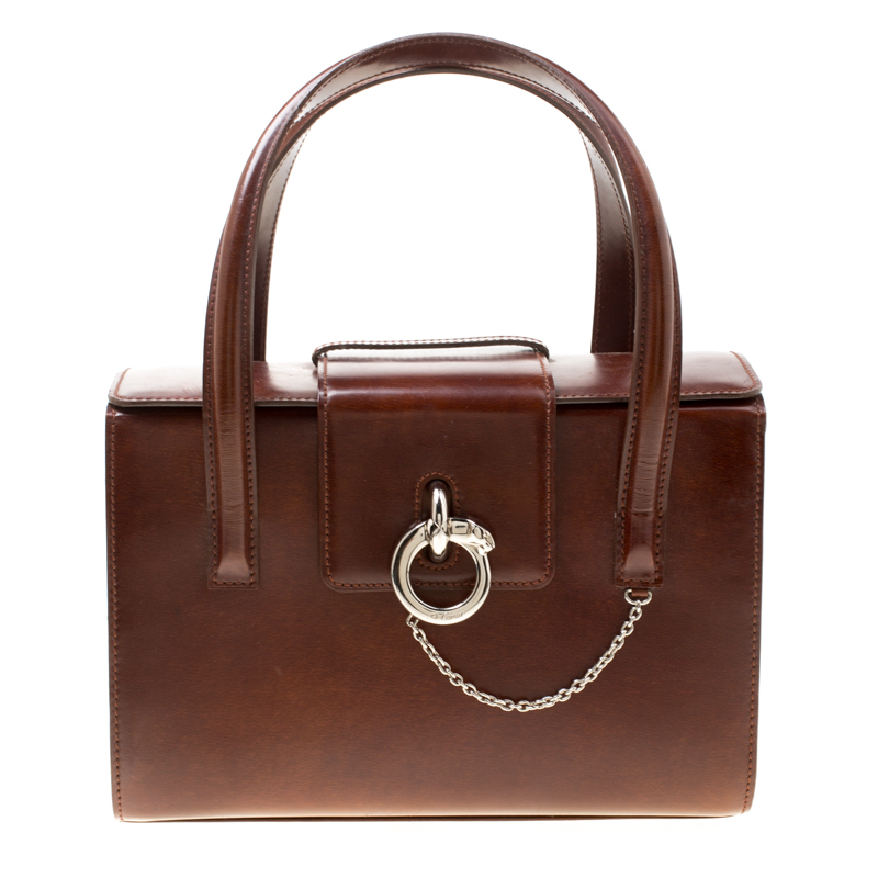 مملوكة مسبقًا حقيبة ساتشل كارتييه بانثر بوكس جلد لامع بنية 