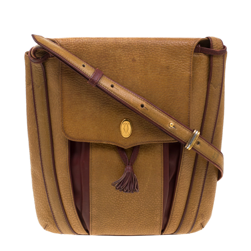 Pre Owned Cartier Tan/Burgundy Leather Must De Cartier Shoulder Bag