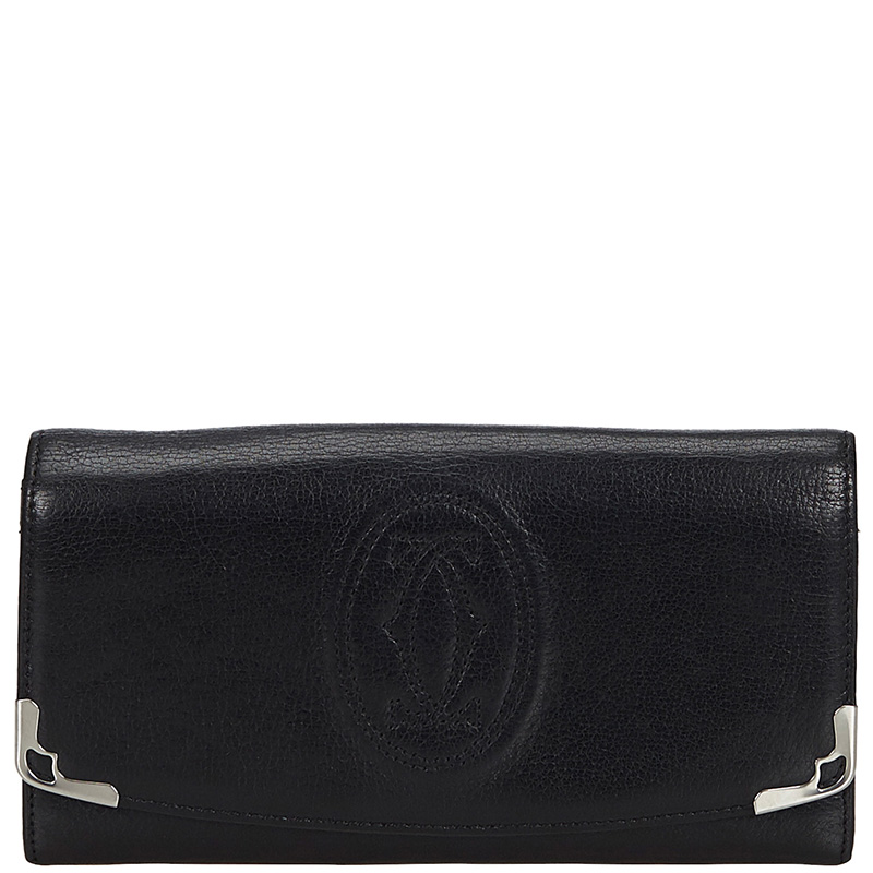 Pre Owned Cartier Black Leather Long Wallet