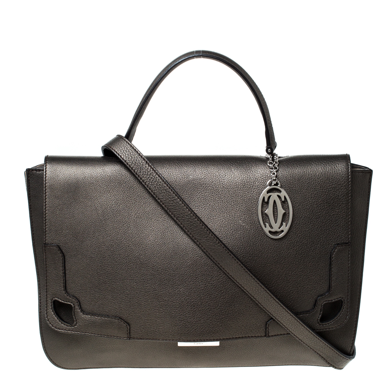 Cartier Grey Metallic Leather and Suede Flap Top Handle Bag 