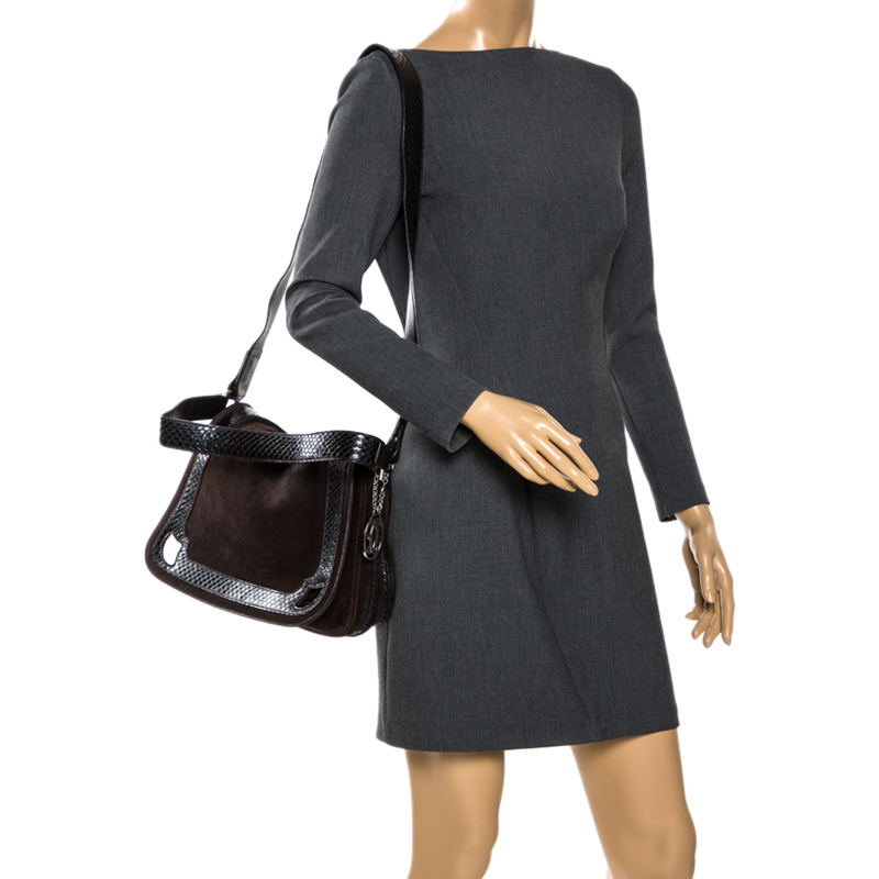 

Cartier Dark Brown Suede and Snake Skin Saddle Bag